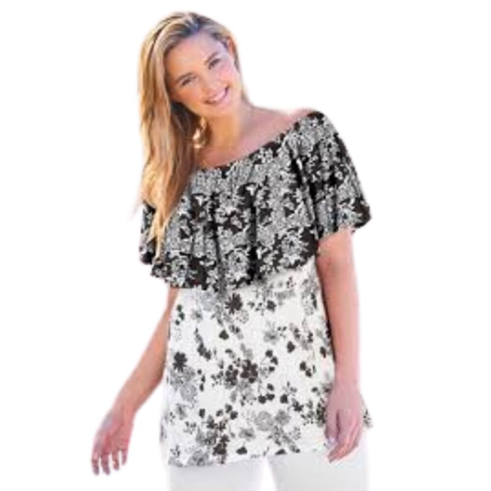 Woman Within 18/20 L Black White Floral Boho Tunic Short Sleeve Blouse
